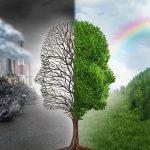 Environment Change Environment change and global warming environmental concept as a scene cut in two with one half showing a dead tree shaped as a human head with pollution and the opposite with healthy green clean air and plants.